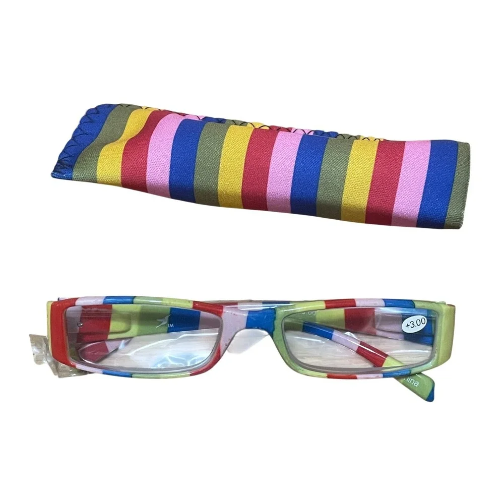 Multicolor Striped Reading Glasses +3.00 Rectangular Rainbow Readers with Case
